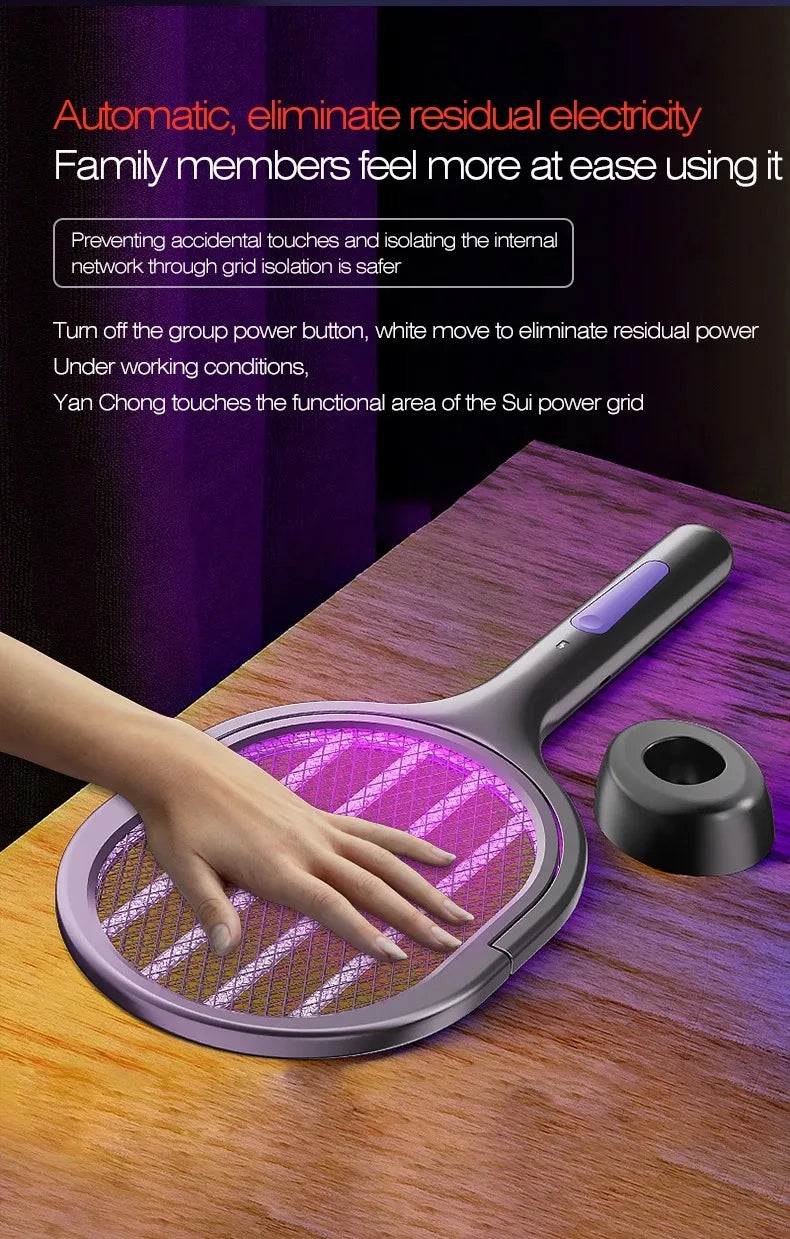 Zilverkleurige, vouwbare insectensteker met paarse UV-verlichting en 180° draaibare mesh, geschikt voor muggenbestrijding in slaapkamers en woonruimte