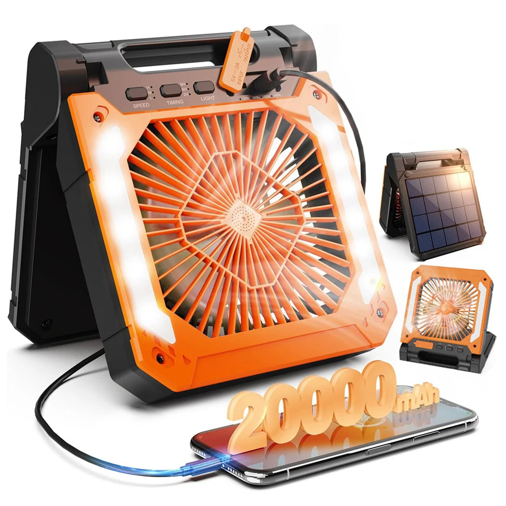 Groene draagbare ventilator met LED-verlichting en zonne-energiepaneel, uitgerust met USB-poorten en 20000mAh accu voor outdoor-gebruik en mobiele opl