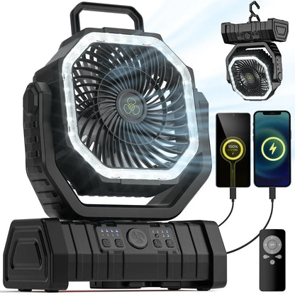 Groene draagbare ventilator met LED-verlichting en oplaadfunctie, uitgerust met afstandsbediening en USB-poorten voor mobiele apparaten, ideaal voor k