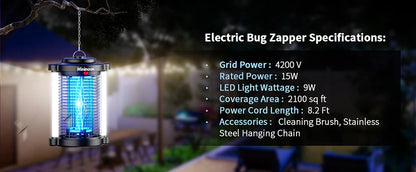 Minimoon buiteninsectenkiller met blauwe LED-verlichting en zichtbare elektrische bliksem, zwart metaal met zilveren stangen, geschikt voor tuin en te