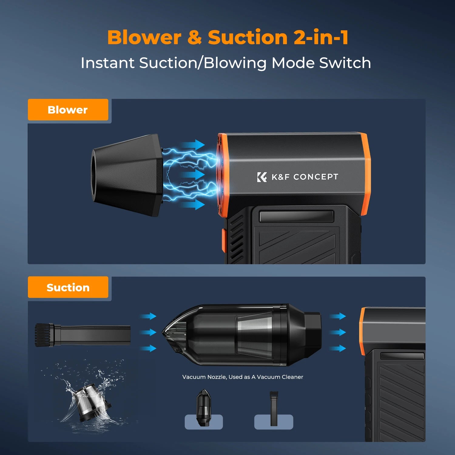 De K&F Concept 2-in-1 blower-suction met 300.000 RPM, zwart met oranje accenten, is een magnetisch, draagbaar apparaat voor schoonmaak en kampvuur ond