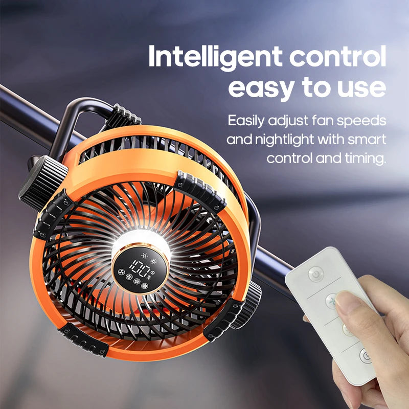 Oranje Kinscoter 6-in-1 kampeerventilator met 20.000mAh batterij, digitale display en afstandsbediening, geschikt voor kamperen en reizen. - Foto 3
