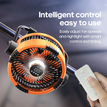 Oranje Kinscoter 6-in-1 kampeerventilator met 20.000mAh batterij, digitale display en afstandsbediening, geschikt voor kamperen en reizen. - Foto 3