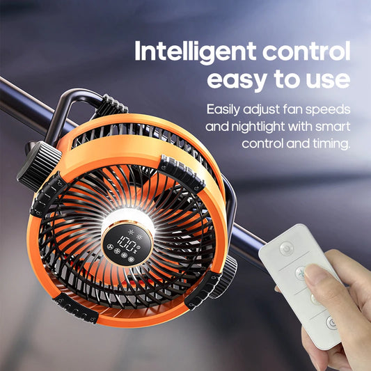Oranje Kinscoter 6-in-1 kampeerventilator met 20.000mAh batterij, digitale display en afstandsbediening, geschikt voor kamperen en reizen. - Foto 3