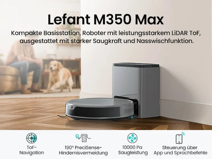 De Lefant M350 Max robotstofzuiger in grijze kleur met glanzende bovenkant en zichtbare ladingstation. Toegankelijk via app voor slimme huishoudelijke