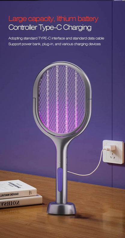 Zilverkleurige, opvouwbare insectensteker met paarse UV-verlichting en 180° draaibare mesh, geschikt voor muurmontage en nachtgebruik in slaapkamers o