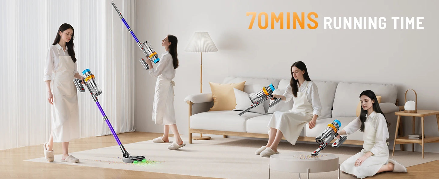Een moderne, paarse draadloze stofzuiger met zichtbare digitale display en meerdere accessoires, inclusief borstelkop en zuigstof, geschikt voor effic