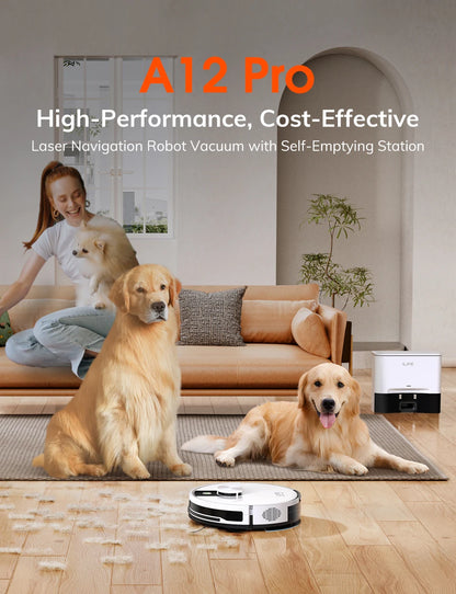 De witte ILIFE robotstofzuiger met zwart accent en bijbehorende oplader, klaar voor slimme stofzuiging via app. Ideaal voor automatische huishoudelijk