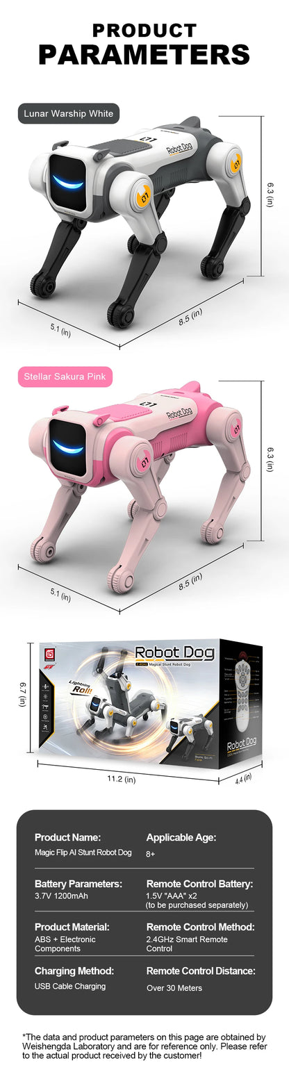 Robotdog met witte en zwarte kunststofconstructie, blauwe LED-ogen en geel gemarkeerde pootjes, inclusief afstandsbediening, USB-kabel en blauwe batte