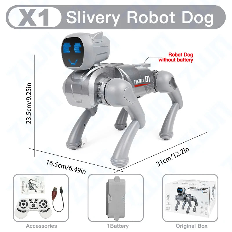 ZWN X1 AI Smart Robot Dog, zilverkleurig met blauwe LED-gezicht, speelt muziek en danst. Geschikt voor kinderen en hobbyisten, met Bluetooth en app-co