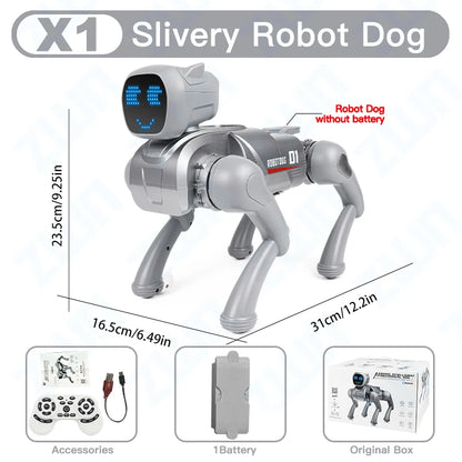 ZWN X1 AI Smart Robot Dog, zilverkleurig met blauwe LED-gezicht, speelt muziek en danst. Geschikt voor kinderen en hobbyisten, met Bluetooth en app-co