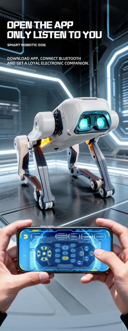 Een witte, mechanische hondrobot met blauwe oogleden en een geel logo, uitgerust met een afstandsbediening voor kinderen. Ideaal als speelgoed voor te