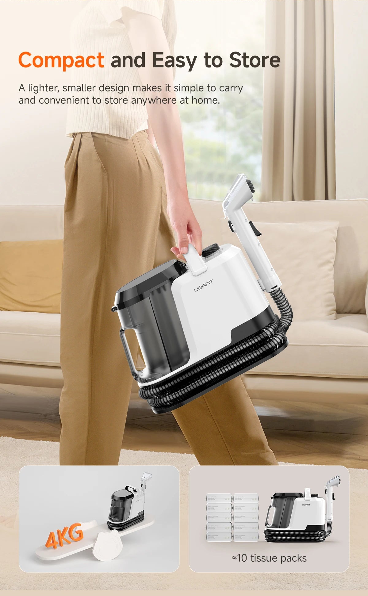 De Uwant Y100 stofzuiger met spray- en borstelkop reinigt tapijten en schoenen. Wit met transparante behuizing en 18000 Pa druk, geschikt voor intensi