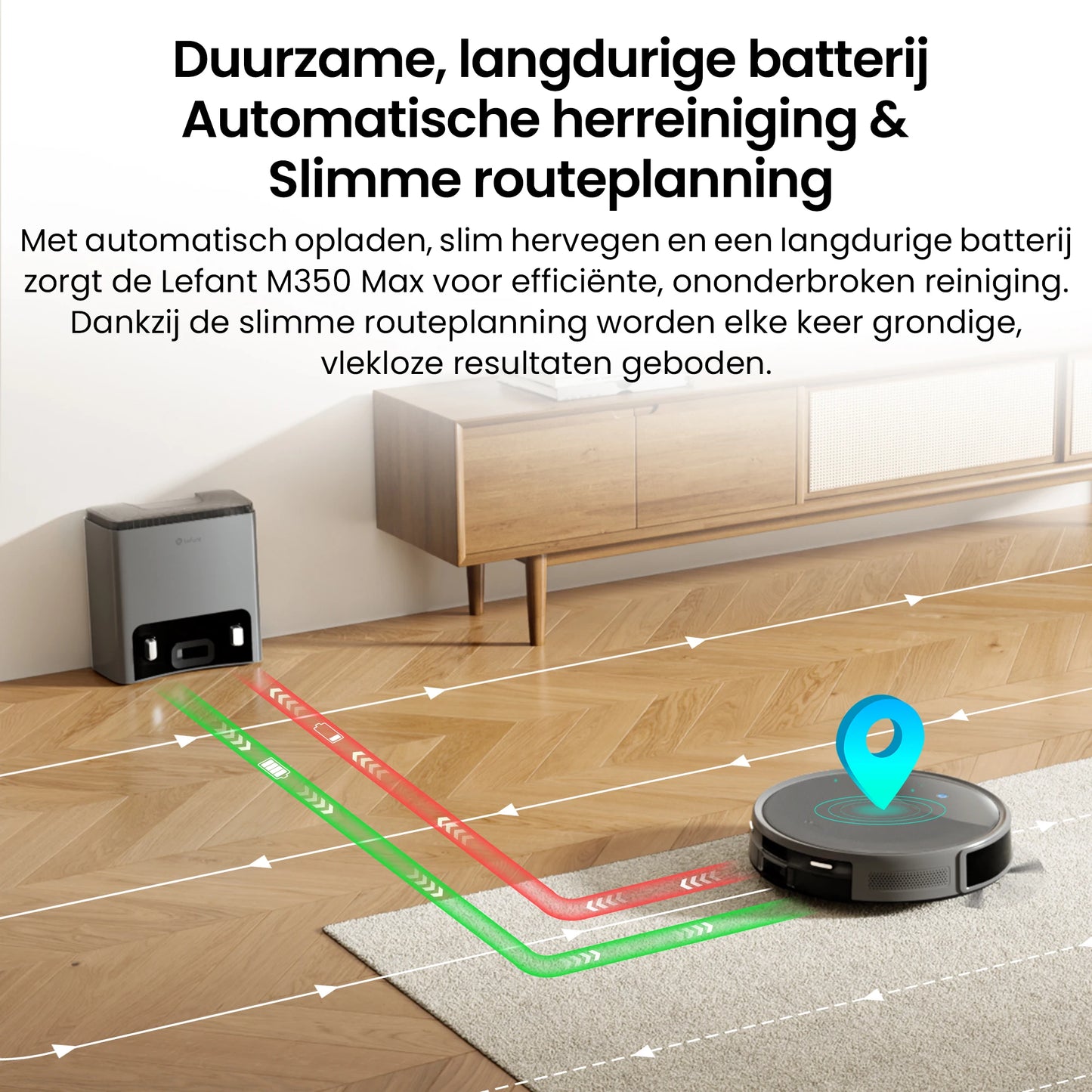 De Lefant M350 Max robotstofzuiger in grijze kleur met glanzende bovenkant en zichtbare accessoires, inclusief filter, stofzak en waterdichte borstel,