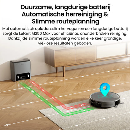 De Lefant M350 Max robotstofzuiger in grijze kleur met glanzende bovenkant en zichtbare accessoires, inclusief filter, stofzak en waterdichte borstel,