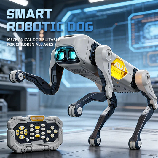 Een witte, mechanische hondrobot met blauwe oogleden en een gele sticker, staat naast een bedieningspaneel. Geschikt als speelgoed voor kinderen van a