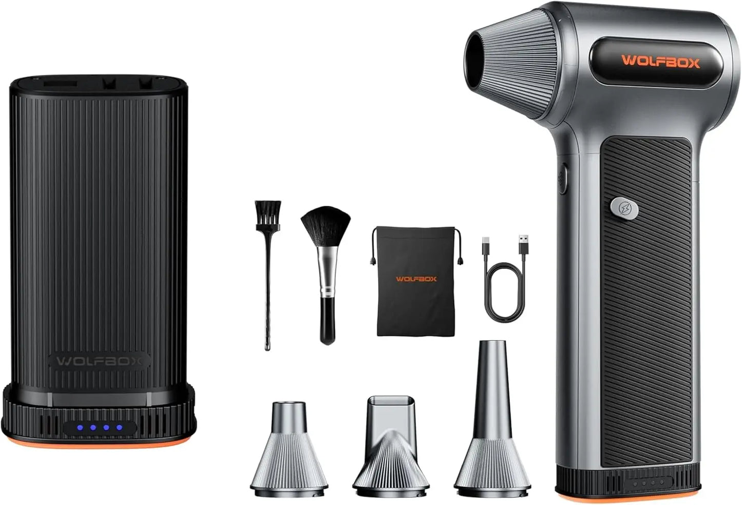 De Wolfbox MF200 air duster in zwart met oranje accenten, inclusief borstel, zachte borstel, opbergzak en drie metalen nozzles, geschikt voor het scho