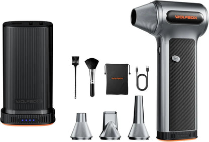 De Wolfbox MF200 air duster in zwart met oranje accenten, inclusief borstel, zachte borstel, opbergzak en drie metalen nozzles, geschikt voor het scho