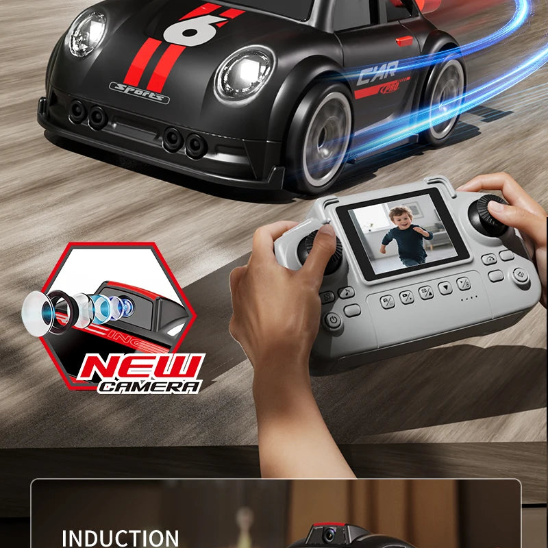 Zwart en witte RC-raceauto’s met HD-camera’s voor live-uitzending, gestuurd via een draadloze controller met scherm. Perfect voor speelgoedraces en ki