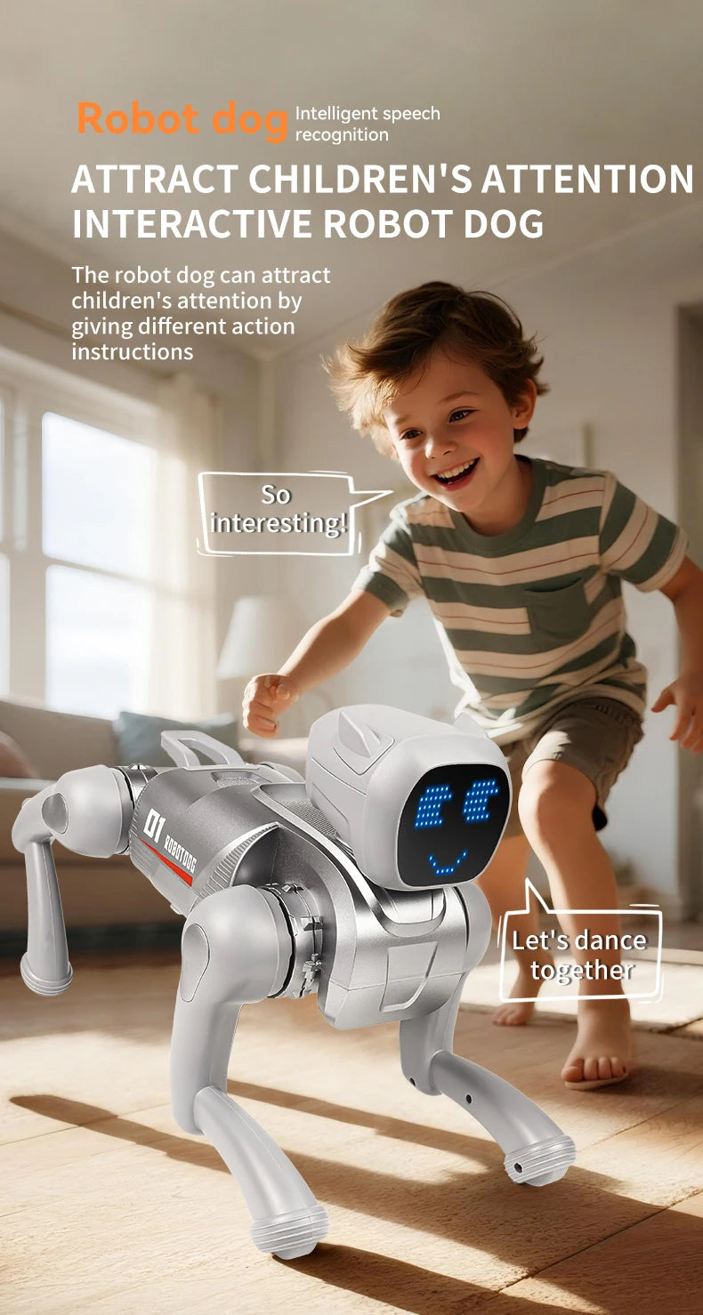 ZWN X1 AI Smart Robot Dog, zilverkleurig met blauwe LED-gezicht, speelt muziek en danst. Geschikt voor kinderen en hobbyisten die slimme speelgoedrobo