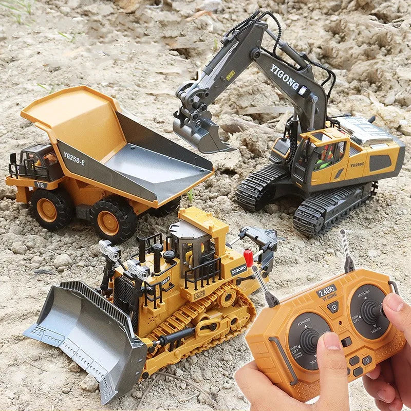 Grote gele en bulldozer met zwarte banden en metalen details, geplaatst op zand met een hand die de oranje bedient voor kinderen. Perfect voor speelpl