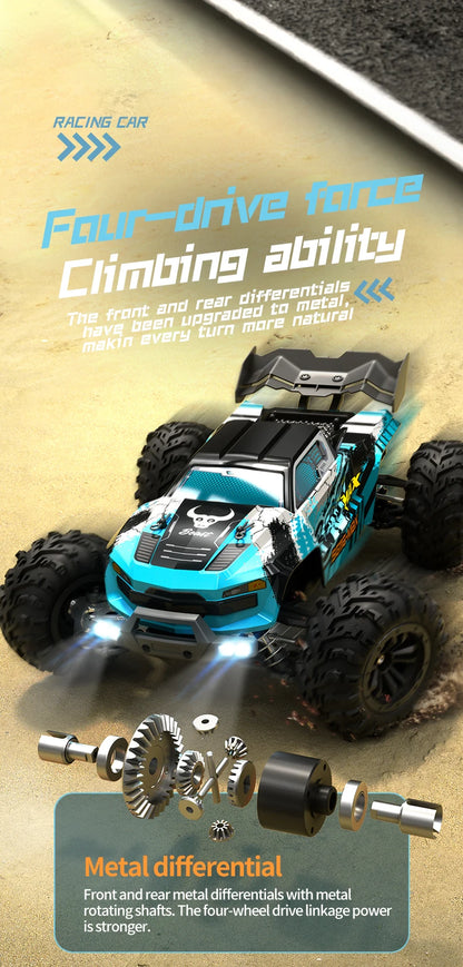 Zwart Rigid off-road RC-raceauto met rode velgen en LED-verlichting, uitgerust met stuur, batterijen en opbergzak voor terreinrijden en speelplezier. 