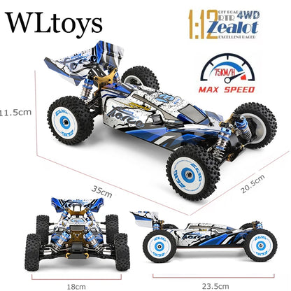 WLtoys Zealot 1:12 RC rallywagen met blauw-wit camouflage, zichtbare 4WD aandrijving en schokdempers, geschikt voor terreinraces en speelplein-avontur