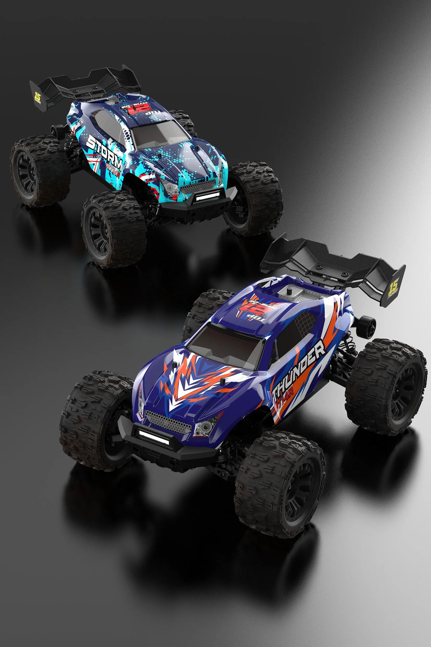 Blauwe JIUSI MT14R 1/14 RC-raceauto met oranje en witte accenten, grote zwarte banden en zichtbare achtervleugel, geschikt voor speelgoedraces en buit