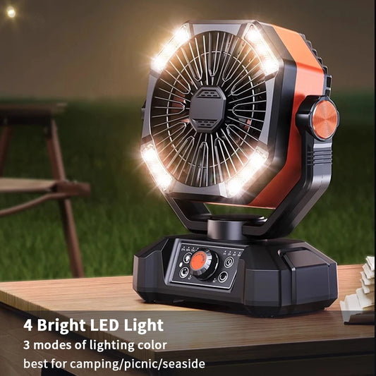 Zwarte en oranje outdoor camping fan met 4 LED-lampjes en draaibare kop, uitgerust met intelligent remote control en 20000mAh batterij voor gebruik op