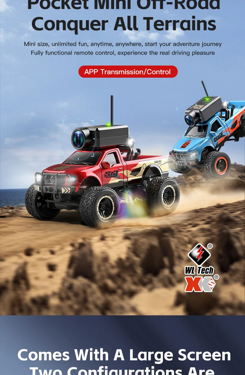 Rode 1:64 schaal RC off-road pick-up met camera en VR-bril ondersteuning, geschikt voor speelgoed en avontuurlijke terreinverkenning met app-besturing