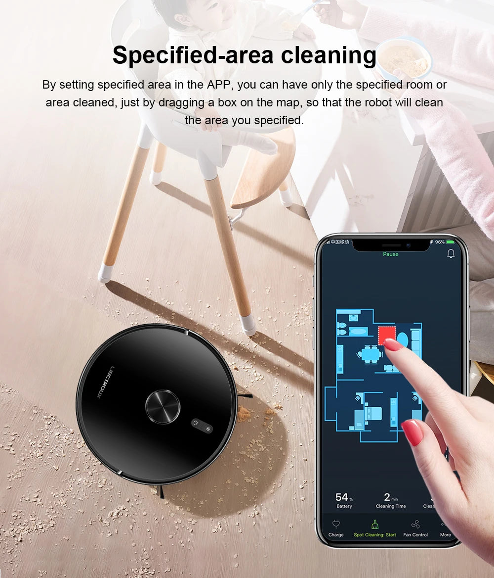 Zwart, glanzend robotstofzuiger met zichtbare bedieningsknoppen en een smartphone-app voor huishoudelijke reiniging. Geschikt voor automatische vloer-