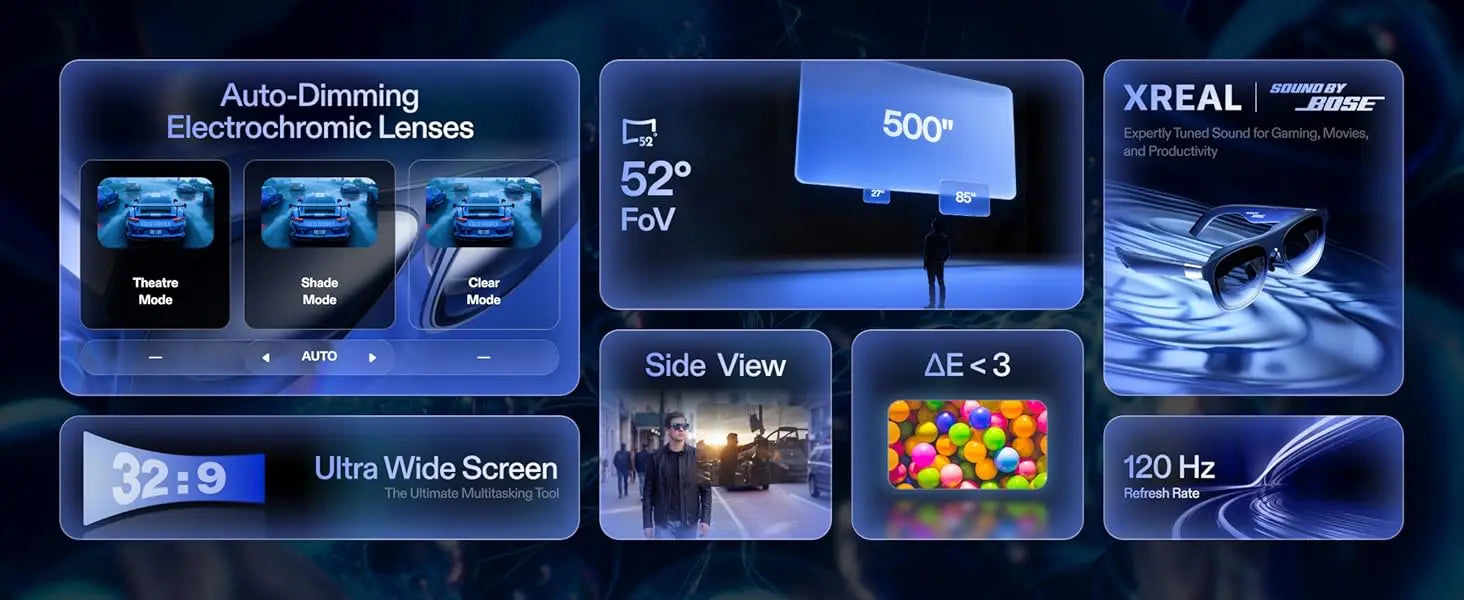 De XREAL 1S AR-bril in donkerblauw met zwart frame, geleverd met oplader, opbergdoos en handleiding, geschikt voor mobiele virtuele realiteit en gamin