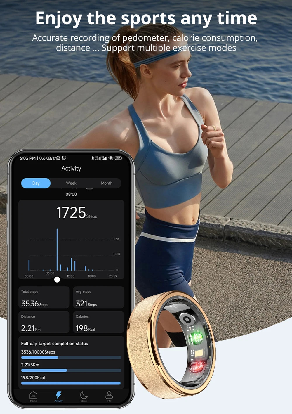 Gouden en zwarte slimme ring met zichtbare sensorcomponenten, geplaatst in een zwarte opbergdoos. Perfect voor technologie-geïnteresseerde gebruikers die een stijlvolle smartwatch willen dragen. - Foto 22