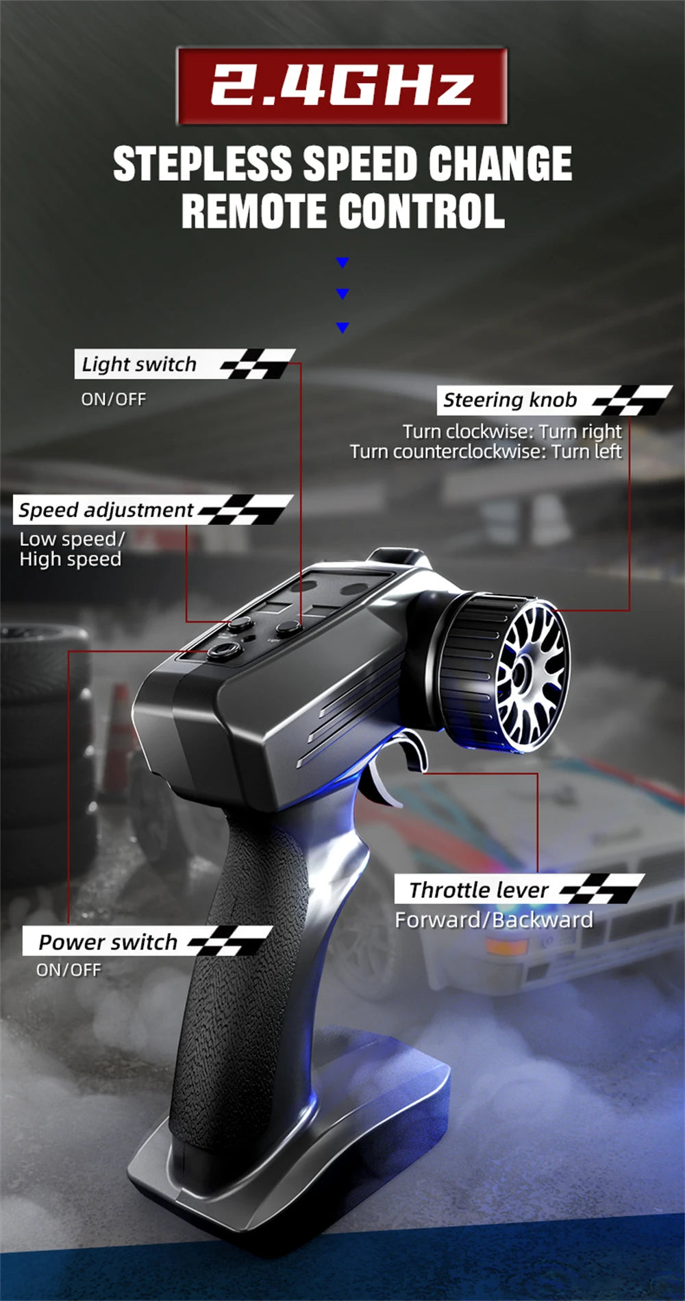 Een witte RC-rallyauto met rode en blauwe strepen, zwarte wielen en blauwe LED-verlichting, klaar voor drift- en race-avonturen. Inclusief stuur, extr