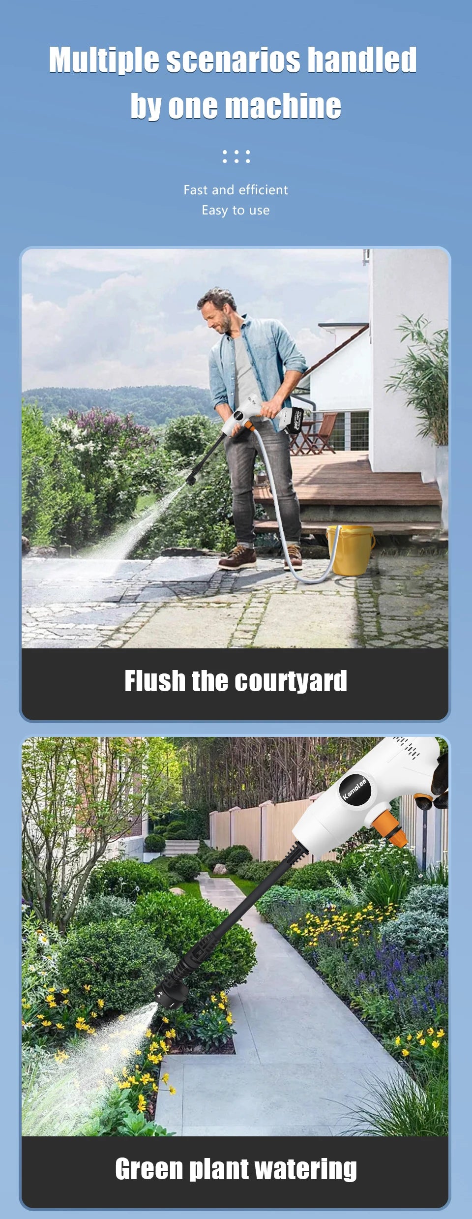 De Kamolee high pressure car wash gun met 388V Li-ion accu, zwart met rode accenten, staat naast haar opbergkoffer voorzien van slang en accessoires, 