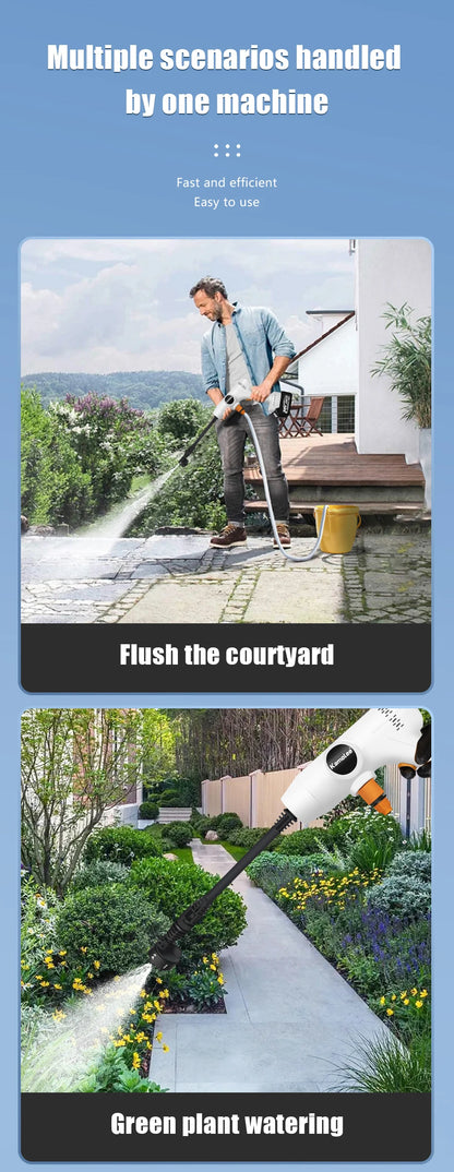 De Kamolee high pressure car wash gun met 388V Li-ion accu, zwart met rode accenten, staat naast haar opbergkoffer voorzien van slang en accessoires, 
