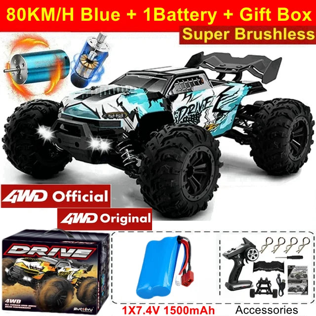 Zwart en roze RC monstertruck met grote terreinbanden en blauwe LED-verlichting, in actie op modderig terrein. Geschikt voor extreme off-road races en