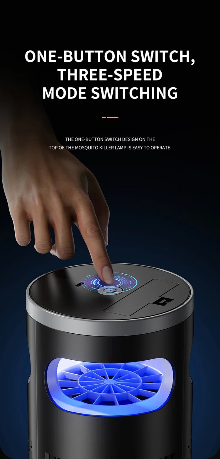 Lenovo Mosquito Killer met paarse lichtgolf, zichtbaar op houten tafel. Zwart metalen behuizing met transparante onderkant, ontworpen voor slaap- en w