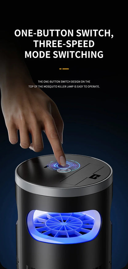 Lenovo Mosquito Killer met paarse lichtgolf, zichtbaar op houten tafel. Zwart metalen behuizing met transparante onderkant, ontworpen voor slaap- en w