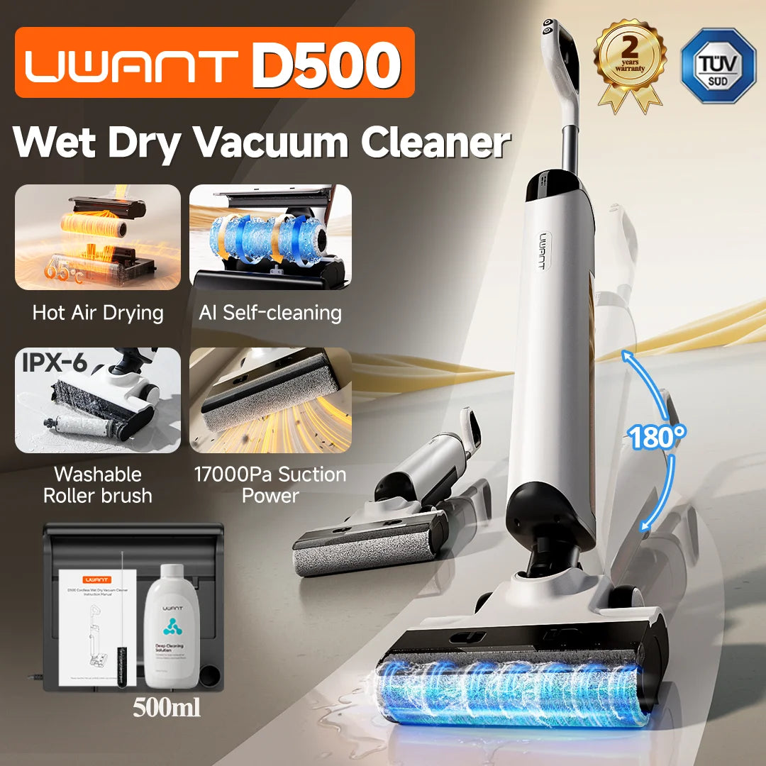 De Uwant D500 waterdichte stofzuiger met blauwe zuigkop en 180° draaibare arm, uitgerust met wasbare roller en 17000Pa zuigkracht, geschikt voor diepe