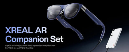 XREAL 1S AR-bril in donkerblauw met zwart frame, geleverd met oplader, beschermhoes en handleiding. Compacte, draagbare realiteitsbril voor virtuele e