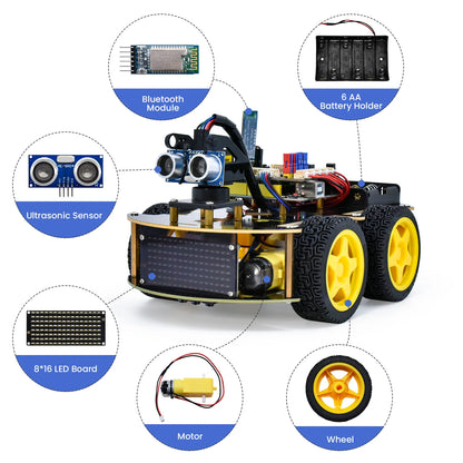 Een Keyestudio robotkit met zwarte chassis, gele wielen en diverse elektronische componenten, inclusief sensoren en een microcontroller, voor educatie