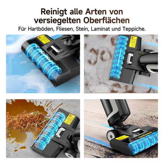 De W12 SE stofzuiger in zwart-wit, met blauwe waterdichte borstel en digitale display, is een multifunctionele, lage-gehoorzaamheidstofzuiger geschikt