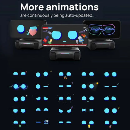 Een zwarte LOOI-robot met blauwe ogen, die een smartphone als hoofd gebruikt, staat op een magnetisch standaard. Ideaal als desktop-assistent voor And