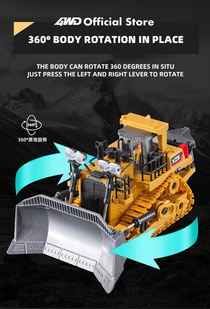Grote, realistische RC-graafmachine met zwarte bovenbouw en gele cabine, waarvan de schep zand opwaartse beweegt. Inclusief 3x batterijen en afstandsb
