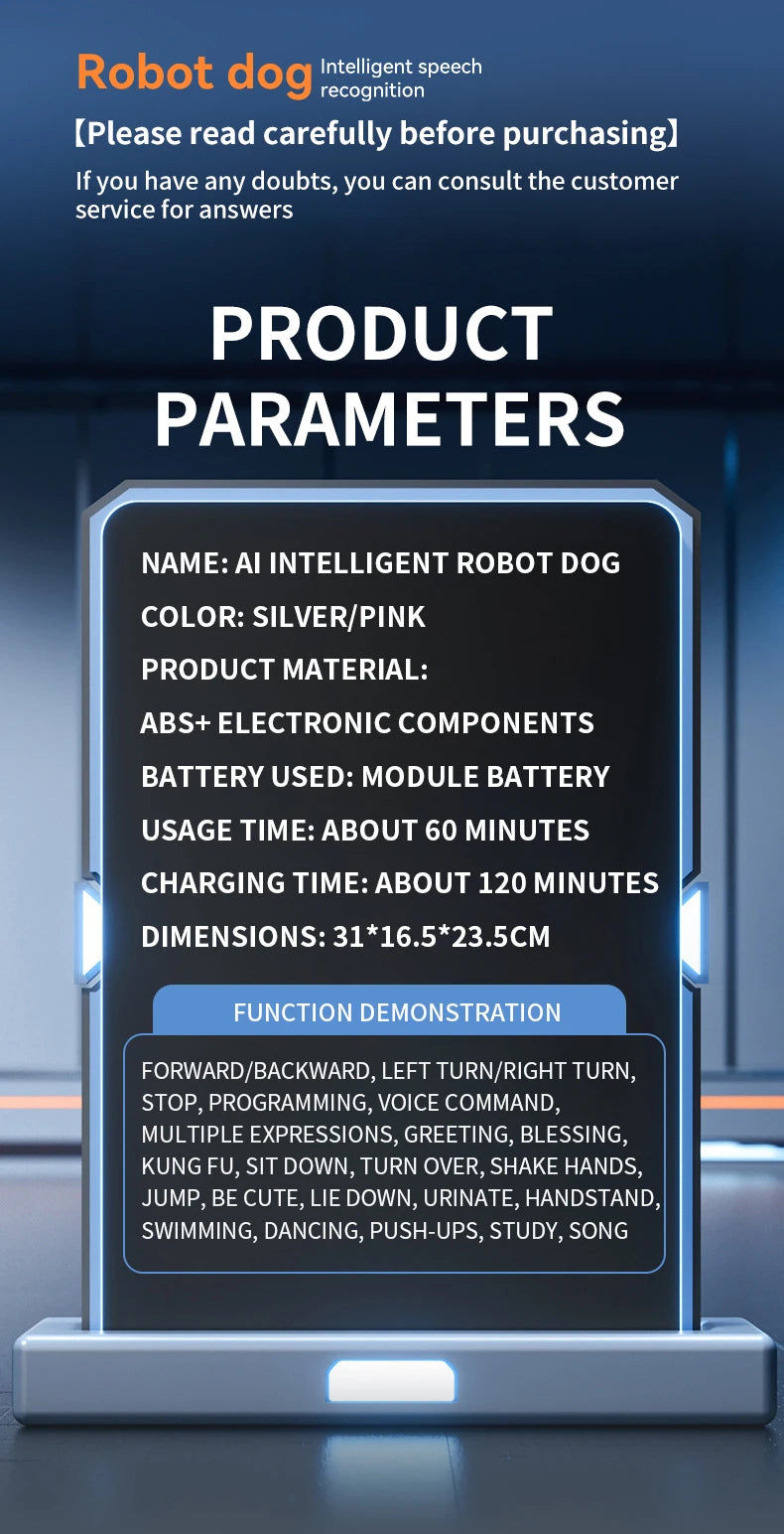 ZWN X1 AI Smart Robot Dog, zilverkleurig met blauwe LED-gezicht, speelt muziek en danst. Geschikt voor kinderen en hobbyisten, met Bluetooth en app-co
