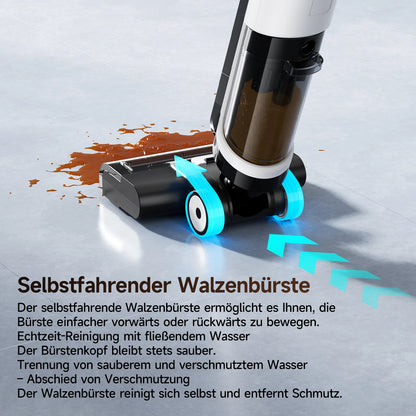 De W12 SE stofzuiger in zwart-wit, met blauwe borstelrollen en digitale display, is een water- en stofzuiger voor huishoudelijke reiniging. Ideaal voo
