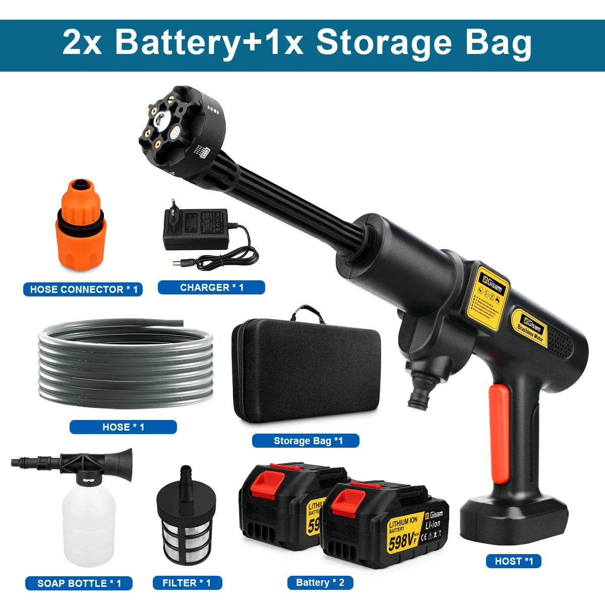 Zwart draadloos stroomreinigingsapparaat met 6-in-1 spuitmondstuk, lithium-ion batterijen en accessoires voor auto’s en huishoudelijk gebruik. BL-moto
