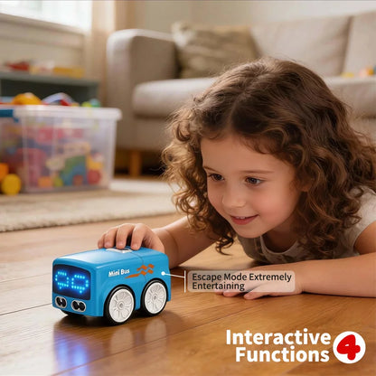 Mini bus met LED-display en witte wielen, in blauw en wit, bediend via afstandsbediening voor kinderen. Speelgoedbus met racestijl en lichteffecten vo