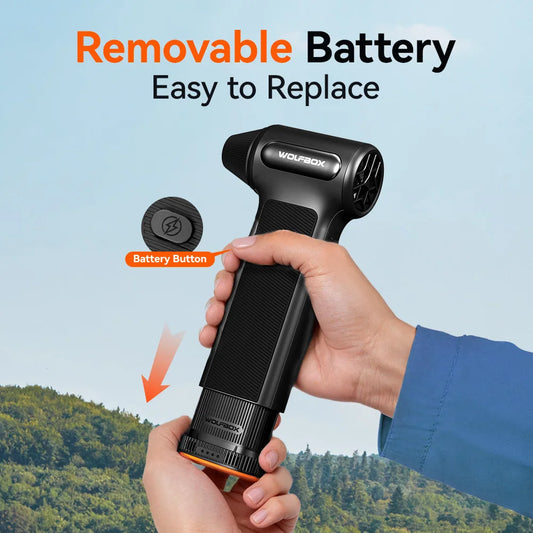 Zwart Wolfbox DF200 luchtstofzuiger met textuur, inclusief borstel, kabel, tas en drie accessoires, geschikt voor het schoonmaken van elektronica en s